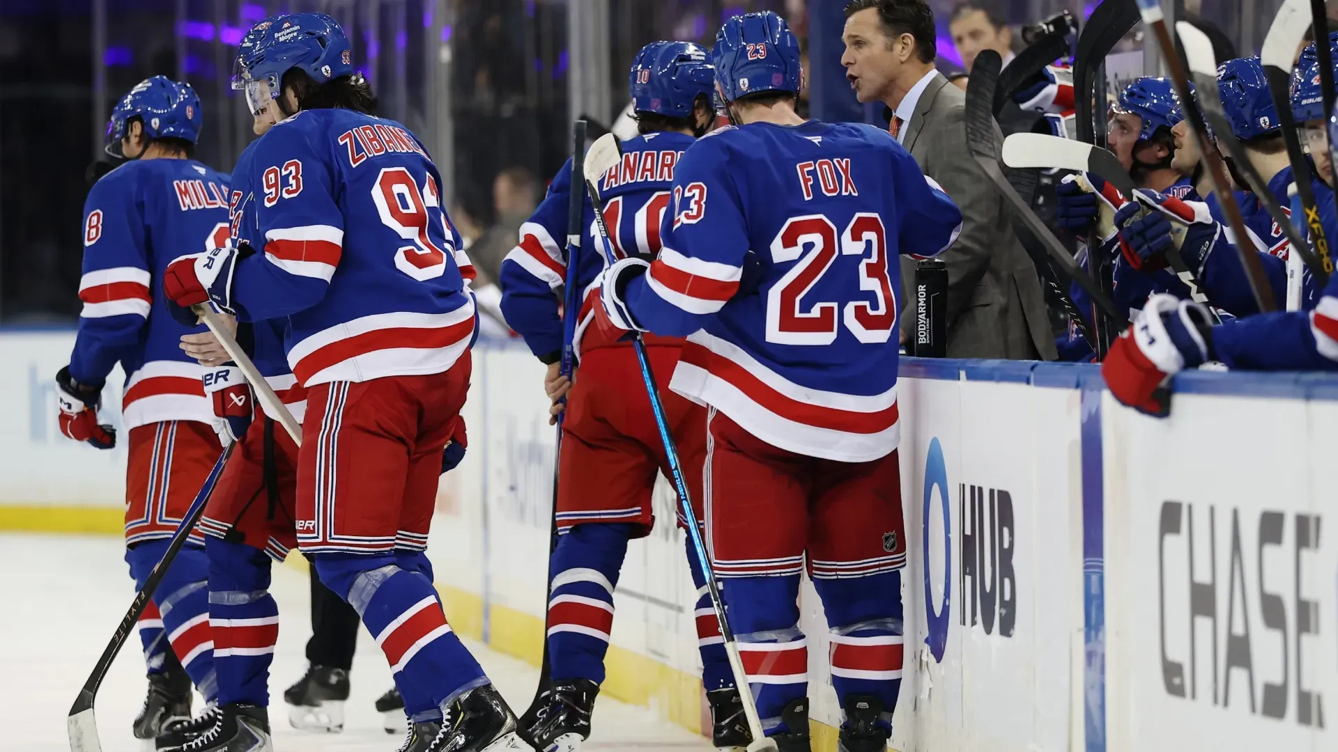 Head coach Mike Sullivan of the New York Rangers talks to his team during a timeout. Sarah Stier/Getty Images