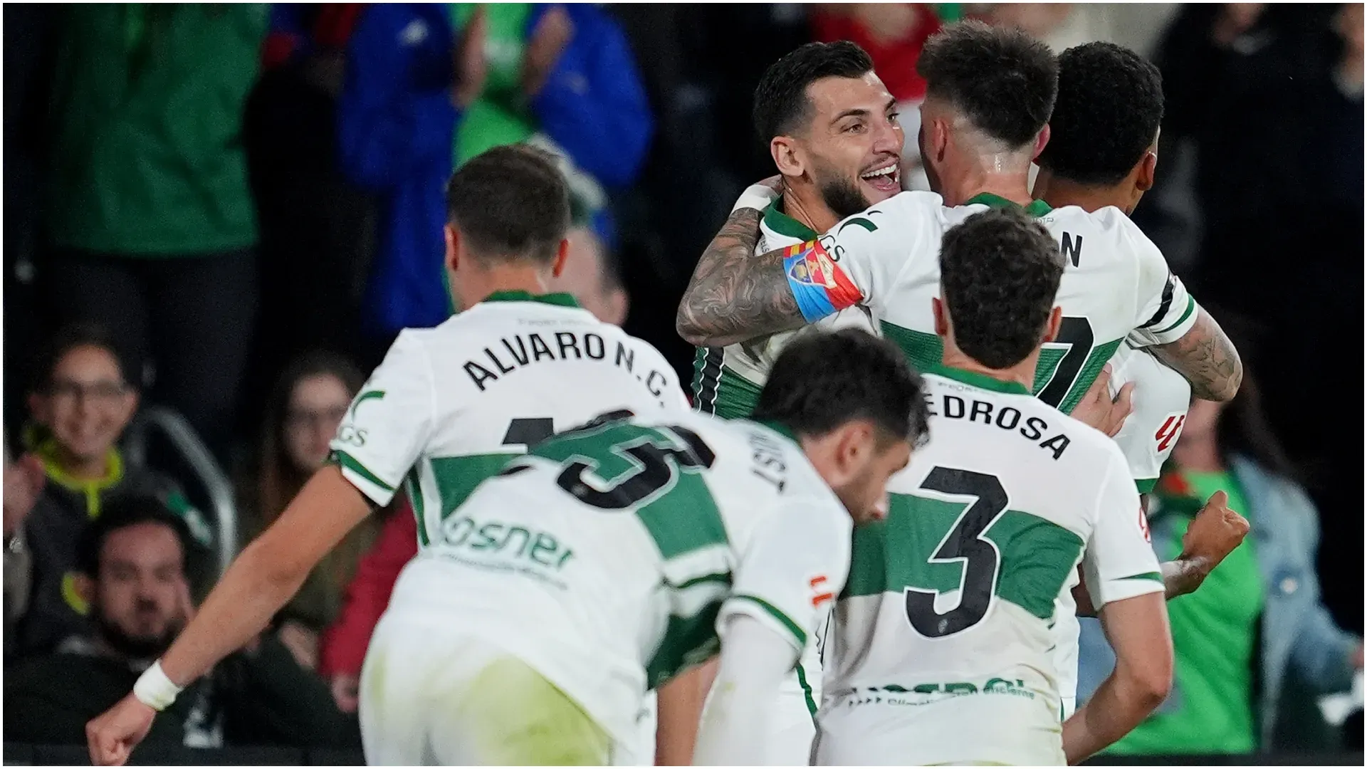 Alvaro Rodriguez of Elche CF celebrates with teammates โ Mateo Villalba Sanchez/Getty Images
