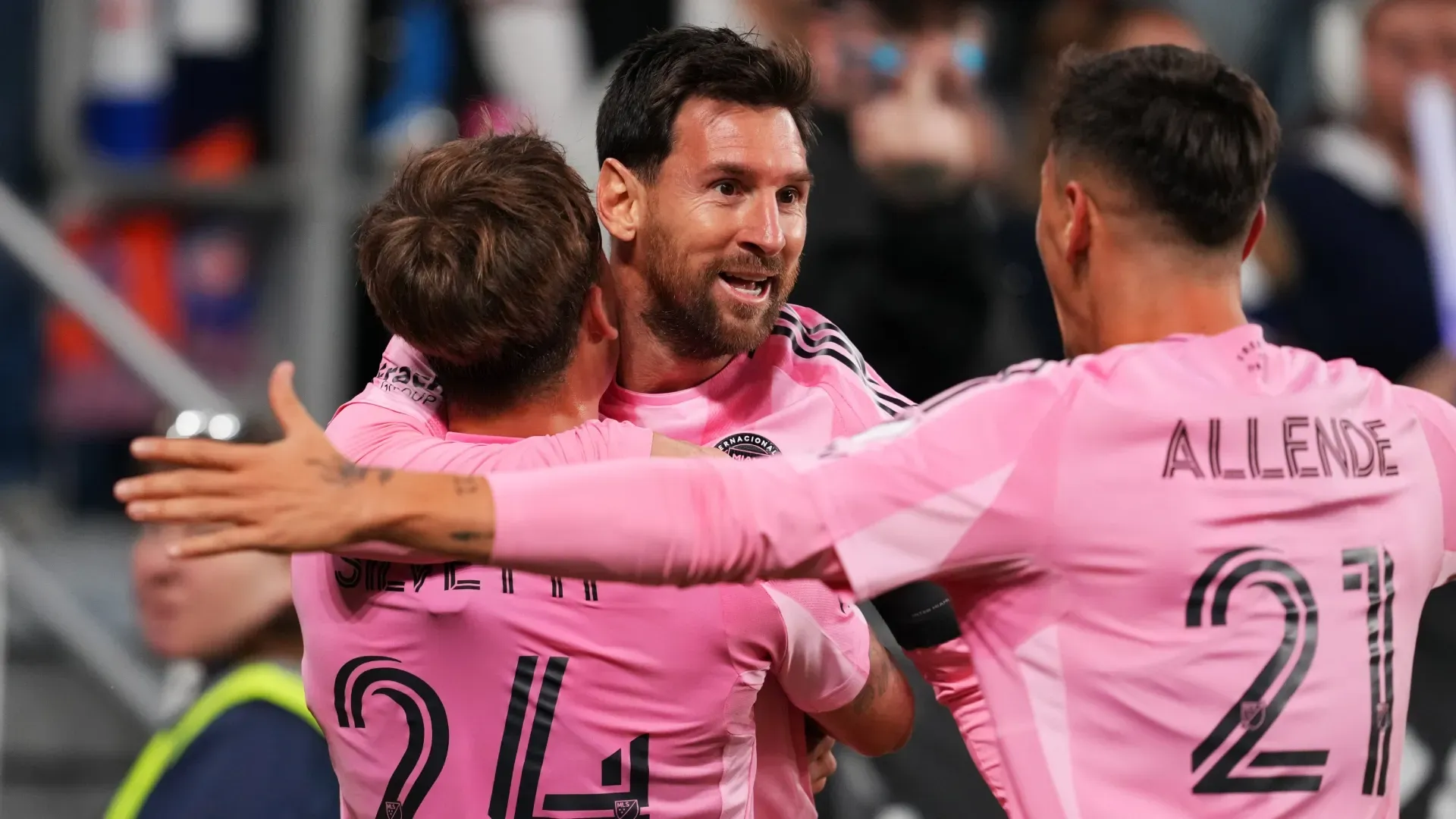 Lionel Messi #10 of Inter Miami CF celebrates after scoring the team’s first goal with teammates Mateo Silvetti and Tadeo Allende. Jeff Dean/Getty Images