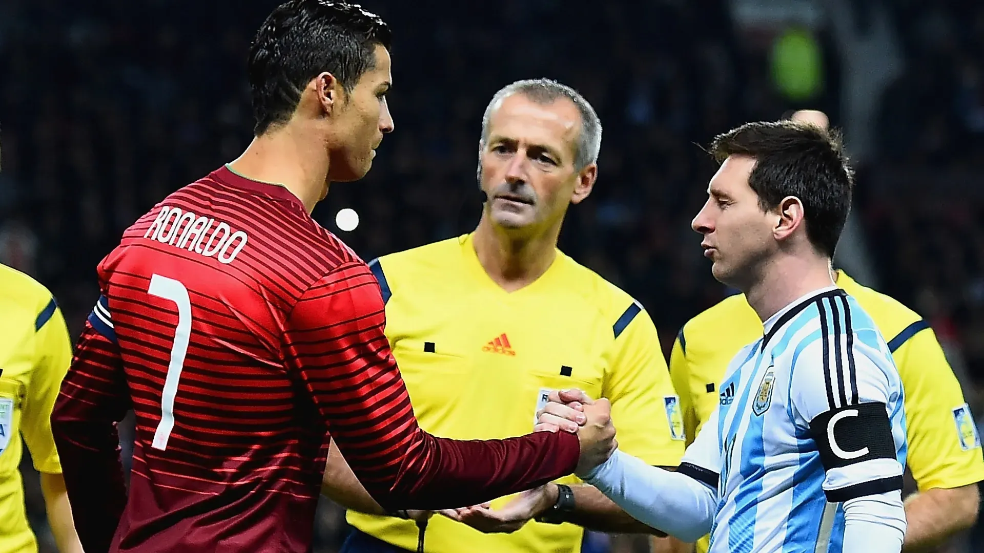 Cristiano Ronaldo of Portugal shakes hands with Lionel Messi of Argentina prior to the International Friendly. Laurence Griffiths/Getty Images