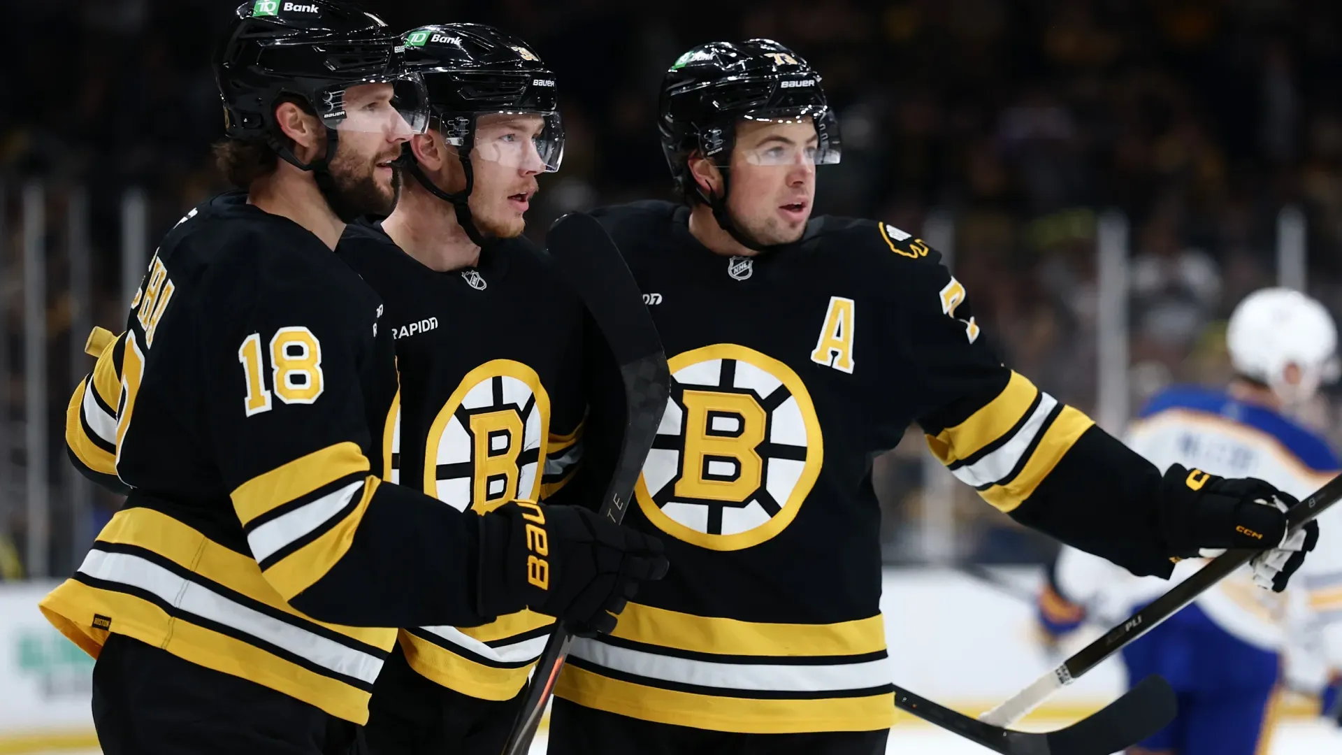 Geekie #39 of the Bruins, center, celebrates with Zacha #18 and McAvoy #73 after scoring. Maddie Meyer/Getty Images
