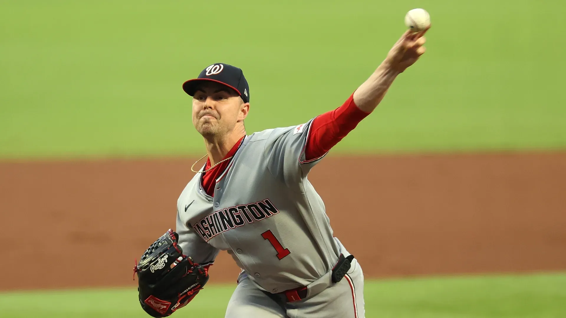MacKenzie Gore #1 of the Nationals pitches in the first inning against the Braves. Kevin C. Cox/Getty Images