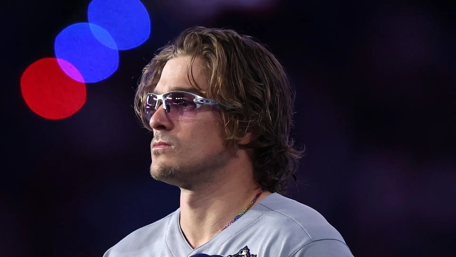 Enrique Hernández looks on during the national anthem