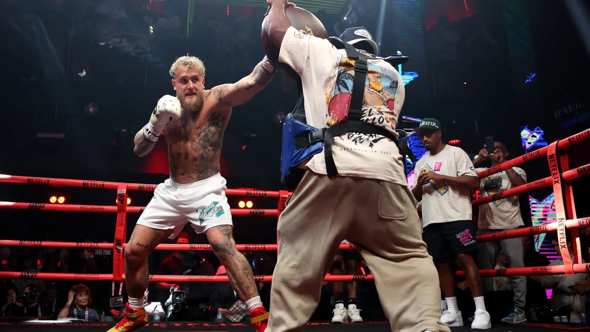Jake Paul works out during the Jake Paul v Anthony Joshua – Fighter Showcase. Megan Briggs/Getty Images