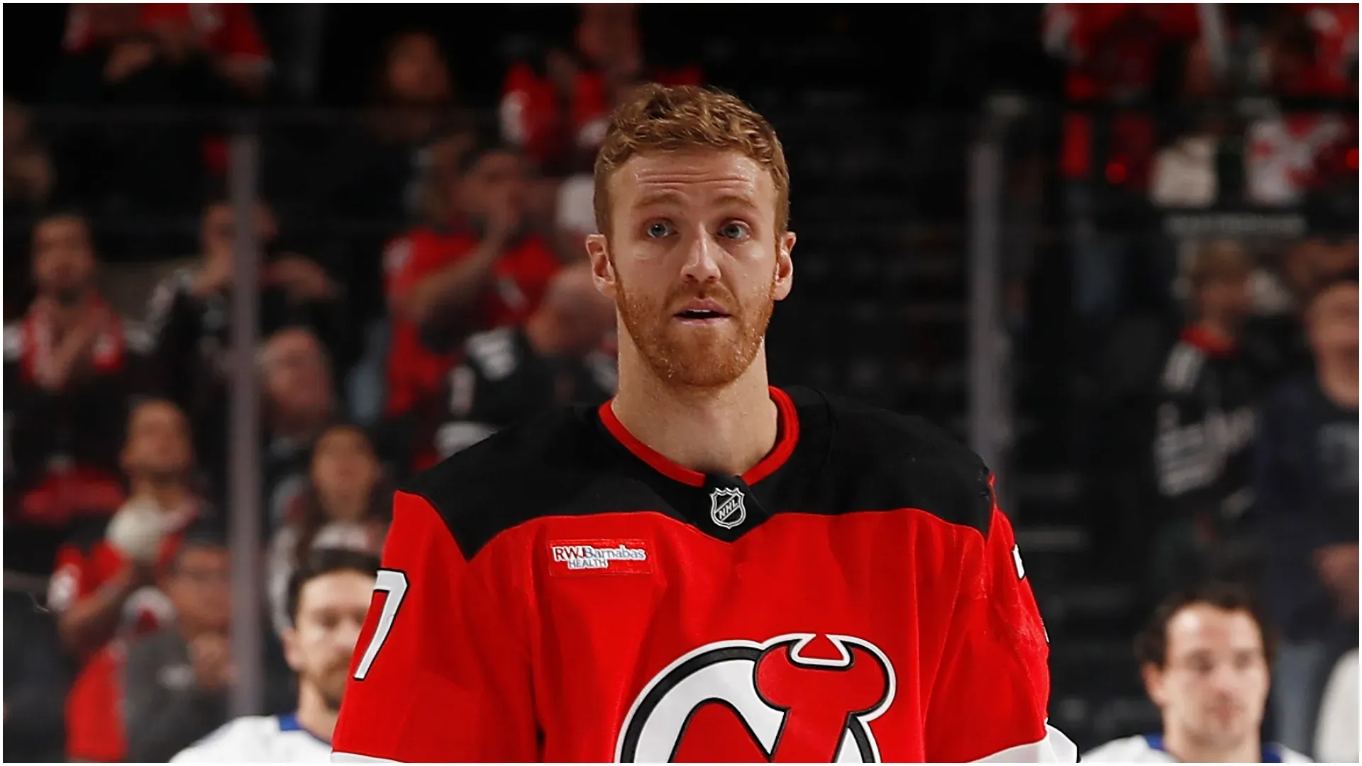 Dougie Hamilton #7 of the New Jersey Devils looks on during the first period against the Tampa Bay Lightning at Prudential Center on October 22, 2024 in Newark, New Jersey.
