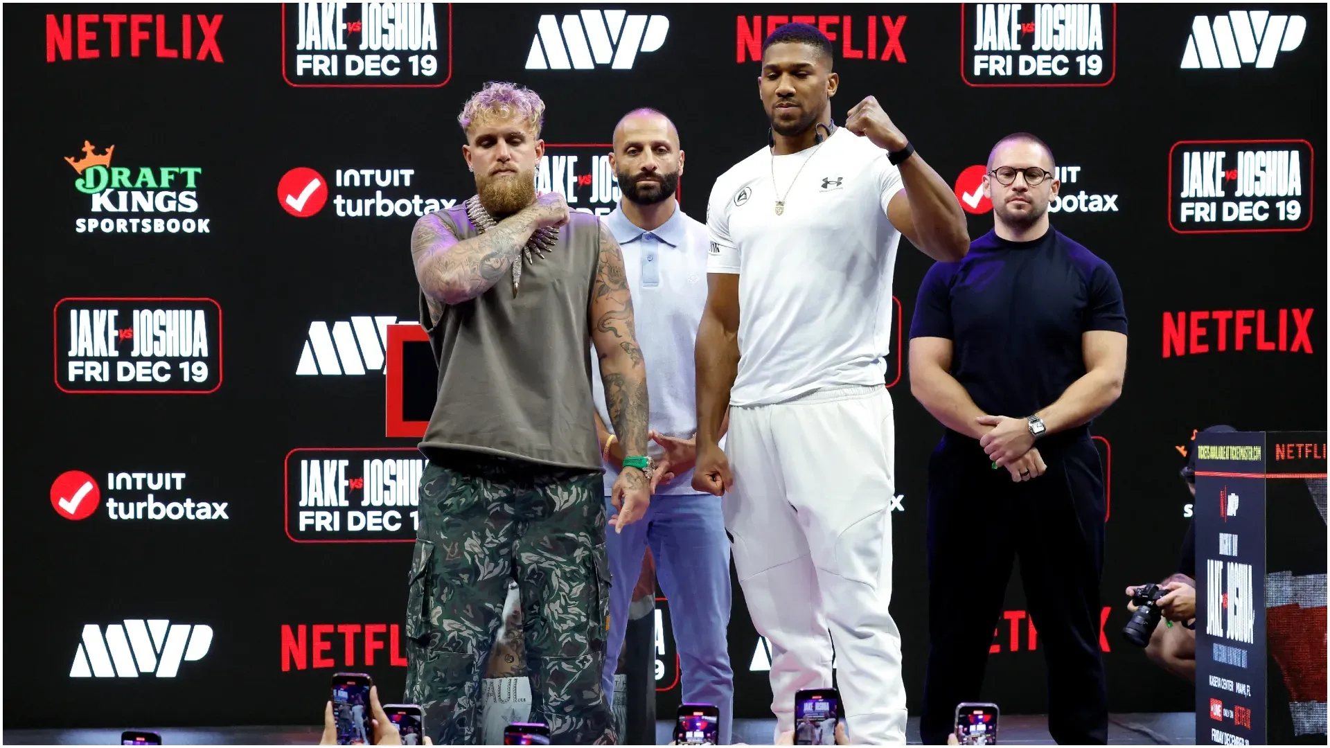 Jake Paul and Anthony Joshua pose during a press conference – Eva Marie Uzcategui/Getty Images