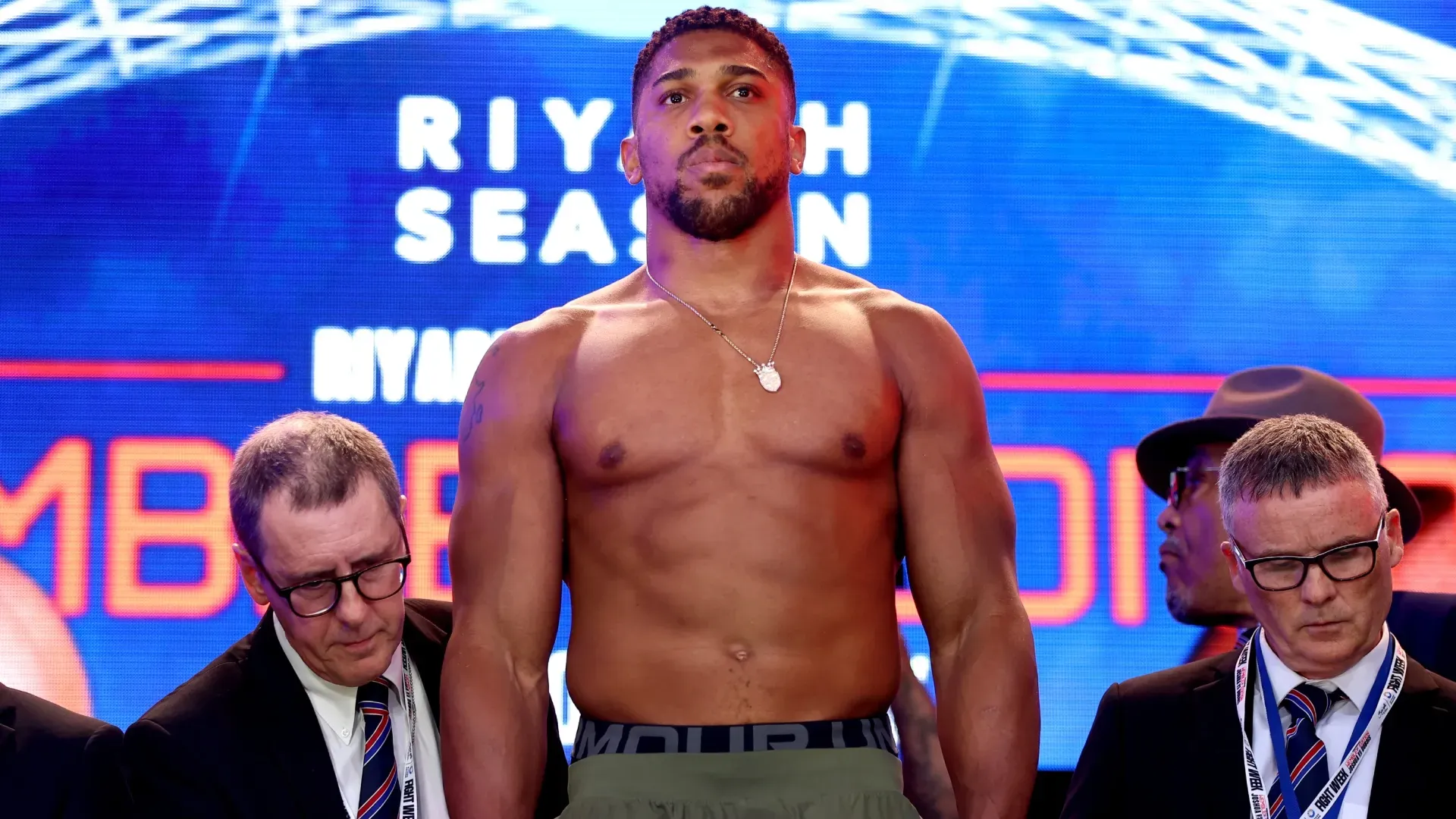 Anthony Joshua during a weigh-in as part of the Riyadh Season – Wembley Edition card. (Source: Richard Pelham/Getty Images)
