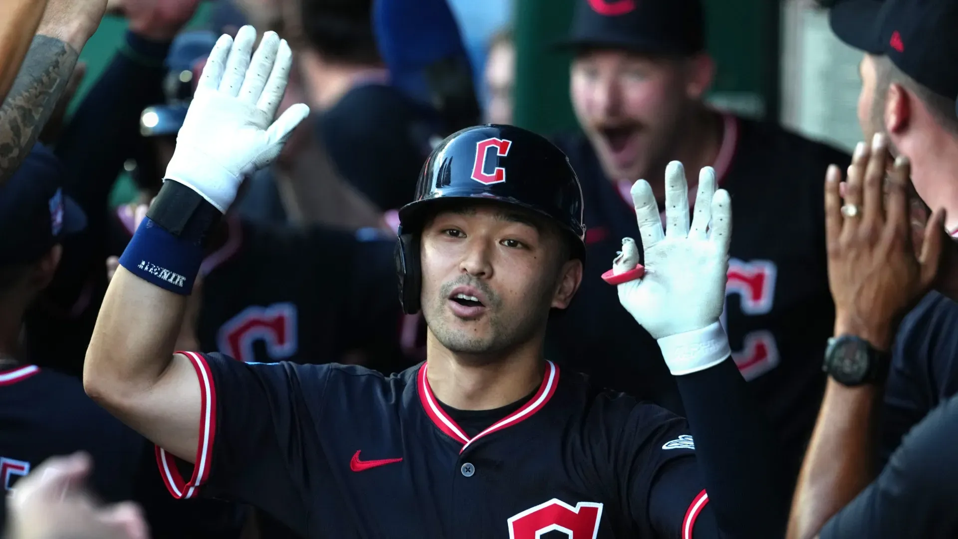 Steven Kwan celebrating