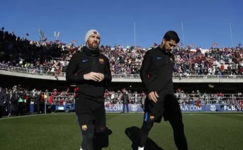 LA DUPLA. Messi y Suárez en una práctica a puertas abiertas en Barcelona.