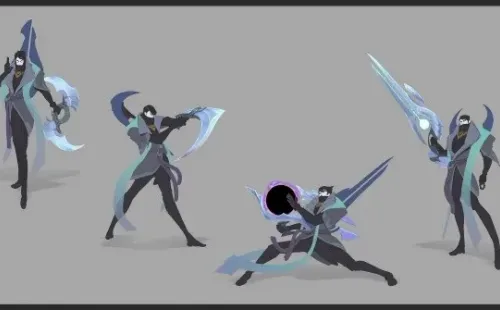 Aphelios portando diferentes armas.