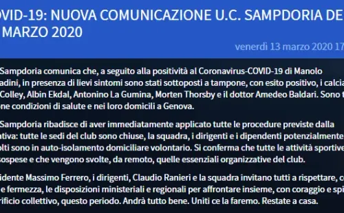 El comunicado de la Sampdoria