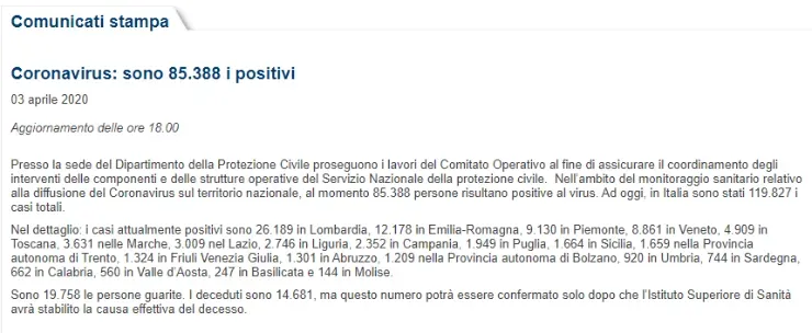 El comunicado emitido por elDepartamento de Protezione Civile este 3 de abril (Foto: captura)