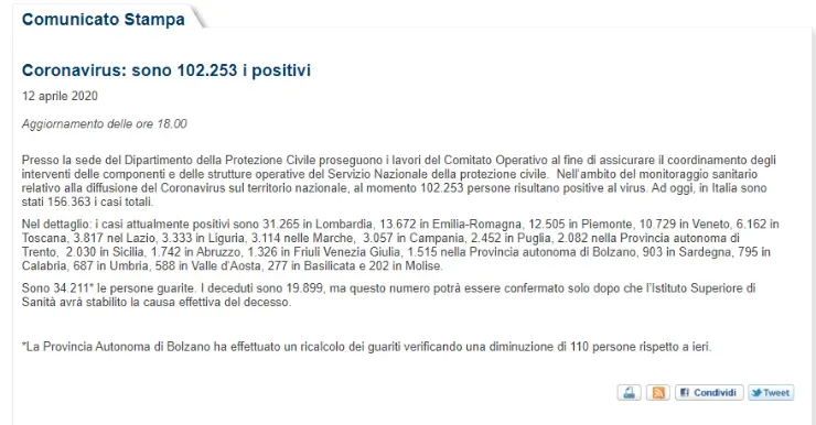 El informe delDepartamento de Protezione Civile de este 12 de abril (Foto: captura)