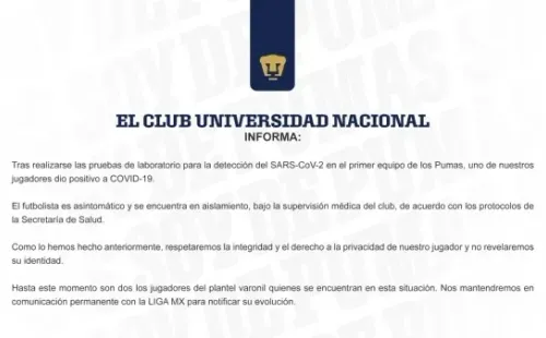 Pumas informó su segundo caso positivo. (Foto: Twitter oficial de Pumas UNAM)