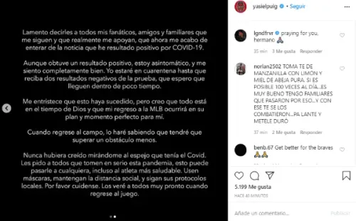 Comunicado de Yasiel Puig sobre su caso positivo para Coronavirus