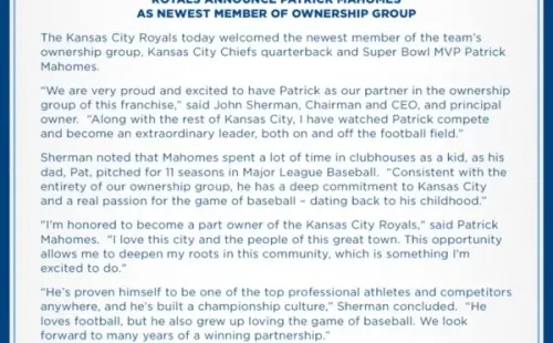 Comunicado de los Royals sobre la llegada de Mahomes al equipo