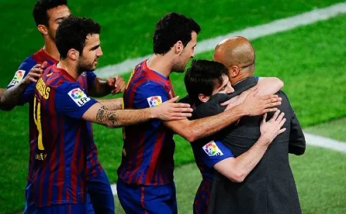 Guardiola y Messi en una de sus últimas funciones juntos. (Getty)