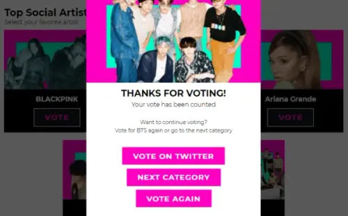 Pantalla final de la votación del Top Social de Billboard (Fuente: página oficial del BBMAs).