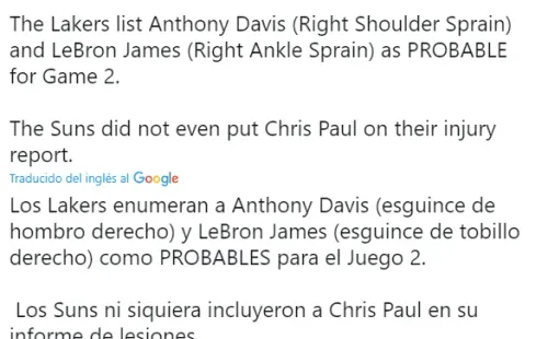 Reporte lesiones Lakers vs Suns