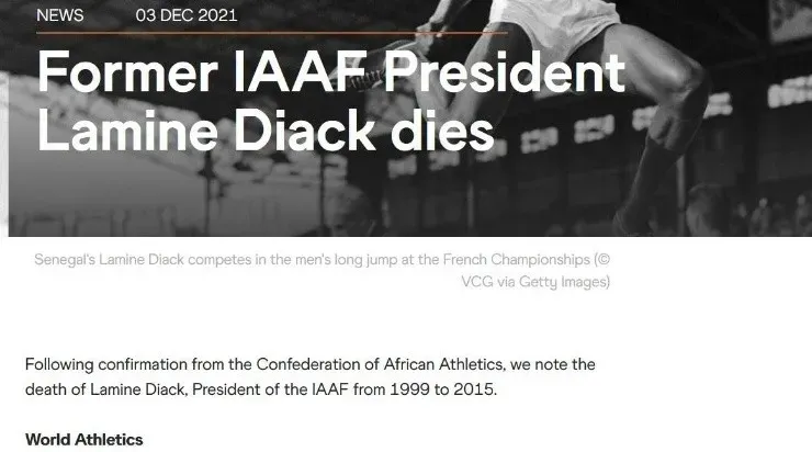 Escueto comunicado de la World Athletics sobre la muerte de Lamine Diack (captura de la web de WA)