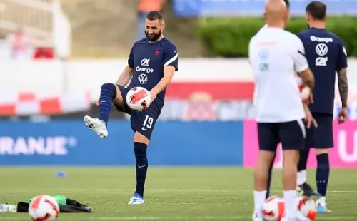 Benzema en entrenamiento con Francia. Getty.