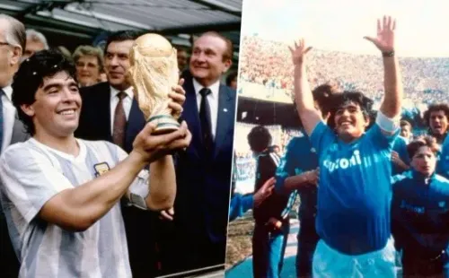 Diego Maradona alzando la Copa del Mundo con la Selección Argentina el 29 de junio de 1986 y dando la vuelta olímpico con Napoli el 10 de mayo de 1987.