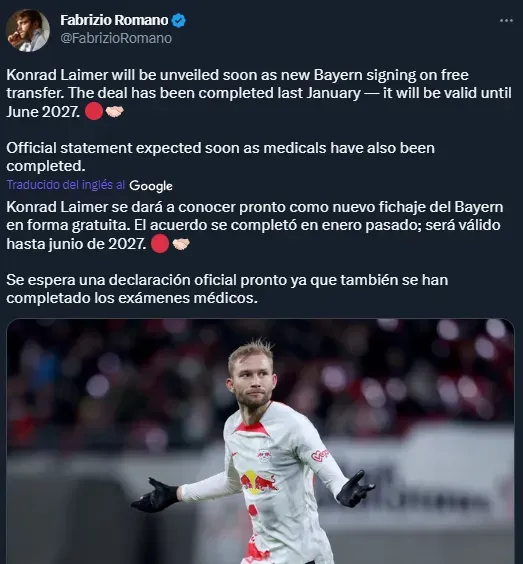 Laimer será nuevo jugador del Bayern (Twitter @FabrizioRomano)