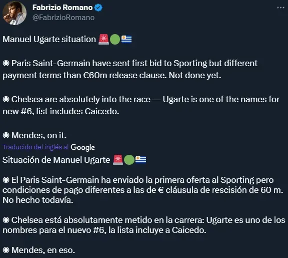 La situación de Manuel Ugarte, según Fabrizio Romano (Twitter @FabrizioRomano).