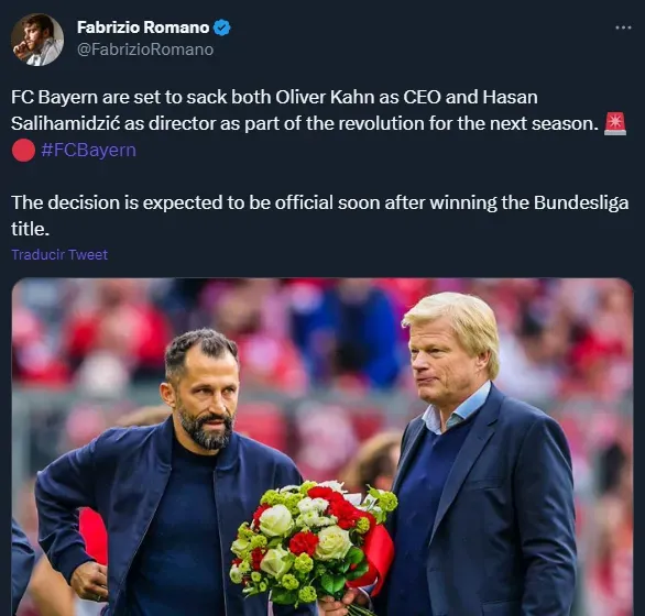 Kahn y Salihamidzic serán despedidos del Bayern (Twitter @FabrizioRomano)