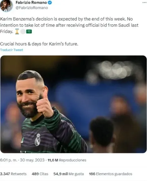 “Se espera que la decisión de Karim Benzema se conozca para finales de esta semana. No tiene la intención de tomar mucho tiempo después de recibir la oferta oficial de Arabia Saudita el viernes pasado. Horas y días cruciales para el futuro de Karim.” @FabrizioRomano