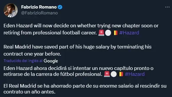Fabrizio Romano no descarta la chance del retiro para Hazard.