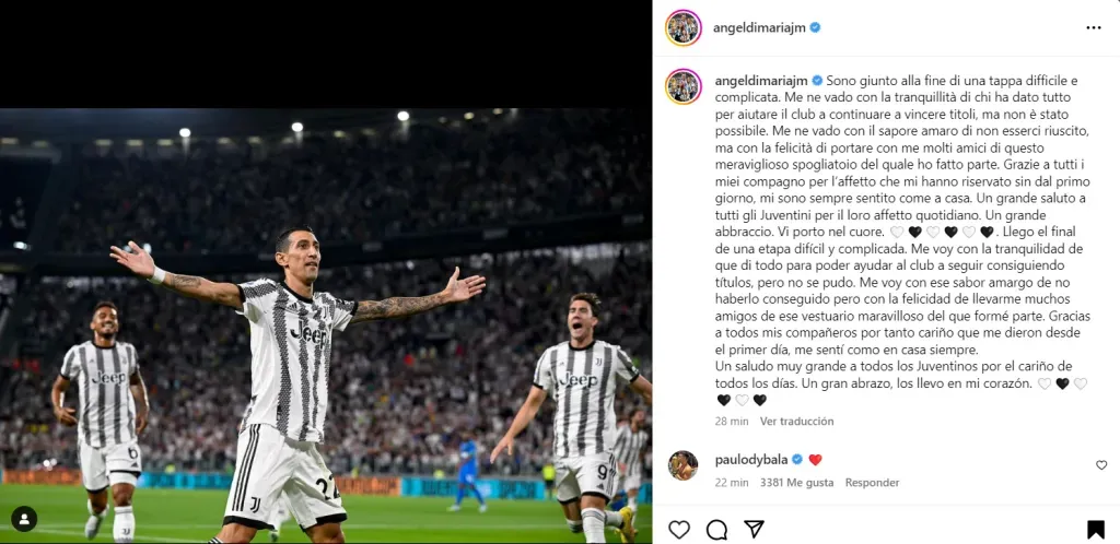 El mensaje de Ángel Di María a los hinchas de la Juventus mediante su cuenta de Instagram.