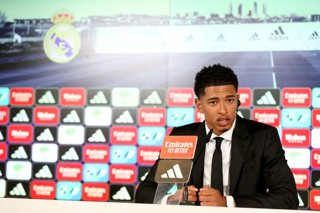 Jude Bellingham en la conferencia de prensa de su presentación en el Real Madrid. Getty Images
