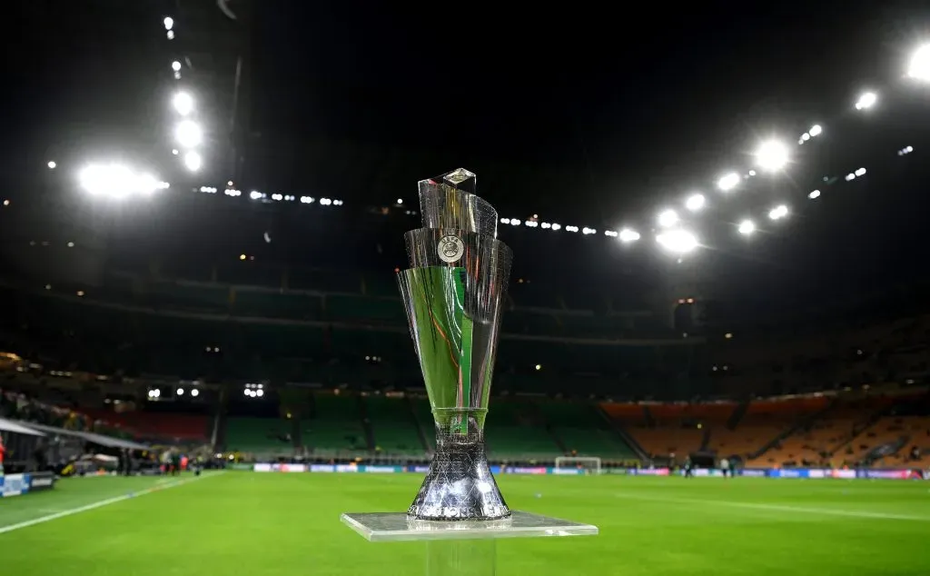 MILAN, ITALY – OCTOBER 10: Detailed view of the UEFA Nations League Trophy inside of the stadium ahead of the UEFA Nations League 2021 Final match between Spain and France at San Siro Stadium on October 10, 2021 in Milan, Italy. (Photo by Mike Hewitt/Getty Images)
