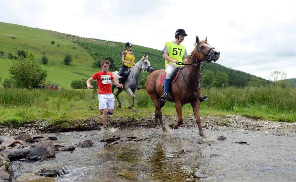 LLANWRTYD WELLS, WALES – JUNE 14:  In this handout image provided by Whole Earth Peanut Butter, runners and riders compete in the Man v Horse  Marathon powered by Whole Earth Peanut Butter on June 14, 2014 in Llanwrtyd Wells, Wales. The annual race, which started in 1982 sees runners compete against riders on horse-back over 24 miles of challenging terrain.  (Photo by Whole Earth Peanut Butter via Getty Images)
