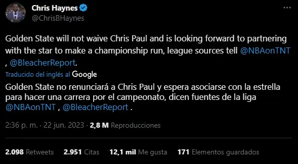 Golden State Warriors se quedará con Chris Paul (Foto: Twitter / @ChrisBHaynes)
