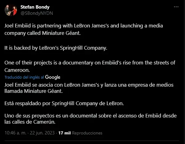 Sociedad entre LeBron James y Joel Embiid (Foto: Twitter / @SBondyNYDN)