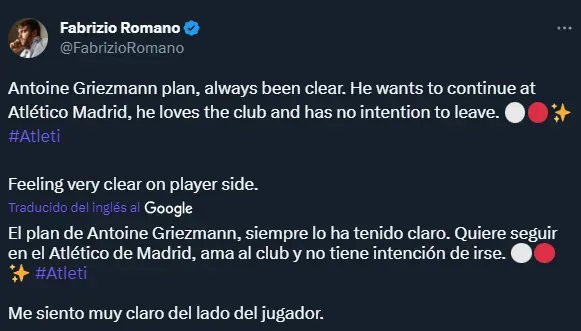 Griezmann quiere quedarse en Atlético de Madrid, según Fabrizio Romano.