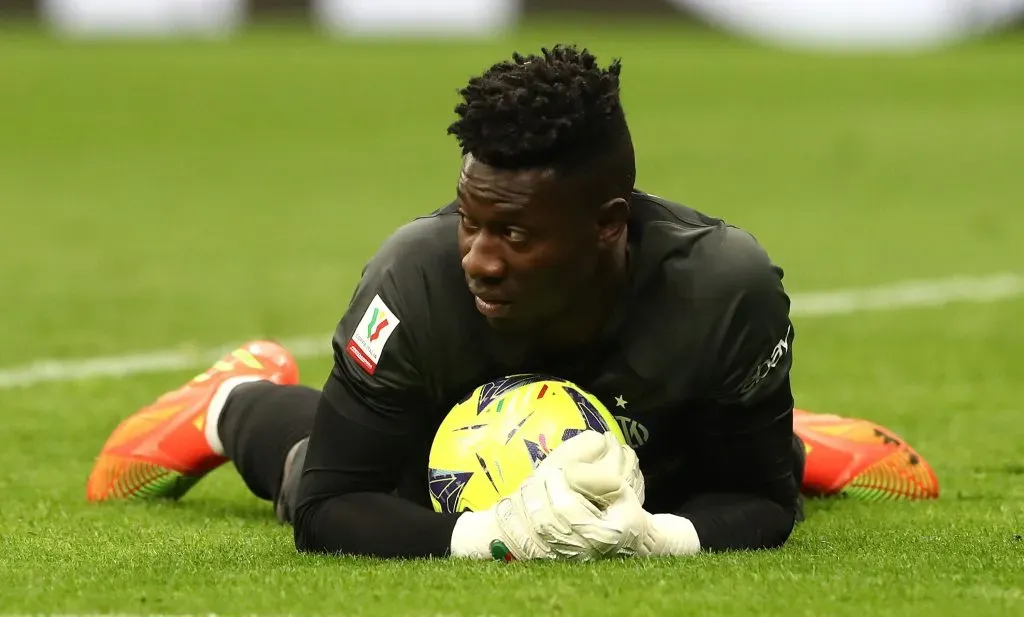 MILAN, ITALY – APRIL 26: Andre’ Onana of FC Internazionale looks on during the Coppa Italia Semi Final between FC Internazionale and Juventus FC at Giuseppe Meazza Stadium on April 26, 2023 in Milan, Italy. (Photo by Marco Luzzani/Getty Images)