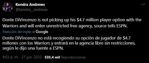 Donte DiVincenzo rechazo seguir en los Warriors (Foto: Twittter / @kendra_andrews)