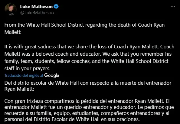 Se confirmó el fallecimiento de Ryan Mallett (Foto: Twitter / @LukeMatheson)