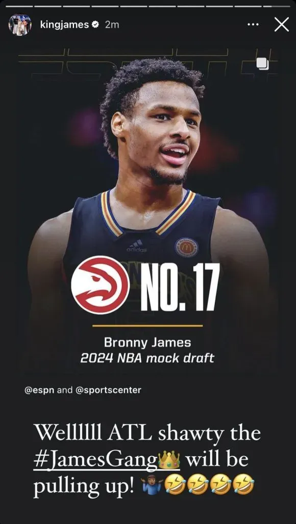 Bronny James sería elegido por Hawks en la NBA  (Foto: Instagram / @kingjames)