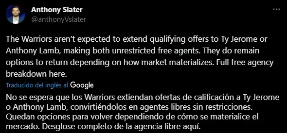 Dos jugadores más salen de Warriors (Foto: Twitter / @anthonyVslater)