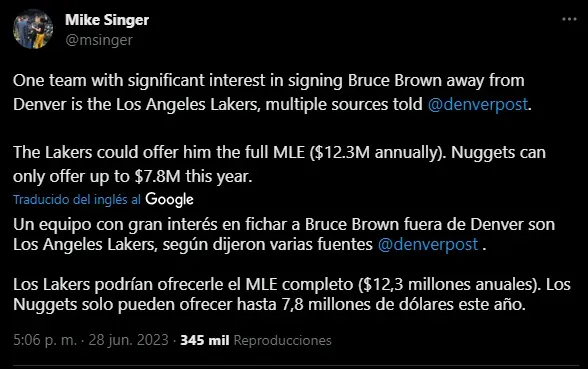 Lakers, interesado en Bruce Brown Jr. (Foto: Twitter / @msinger)