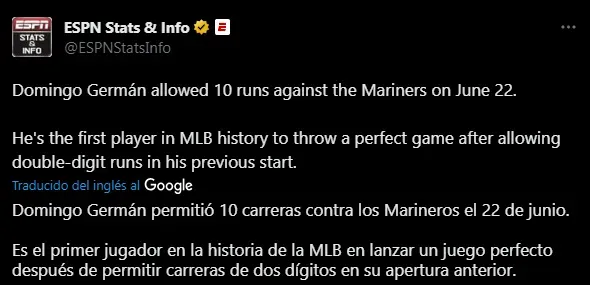 Record de Domingo German con Yankees (Foto: Twitter / @ESPNStatsInfo)