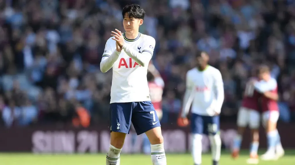 BIRMINGHAM, ENGLAND – MAY 13: Son Heung-Min of Tottenham Hotspur applauds the fans after the team’s defeat during the Premier League match between Aston Villa and Tottenham Hotspur at Villa Park on May 13, 2023 in Birmingham, England. (Photo by Shaun Botterill/Getty Images)