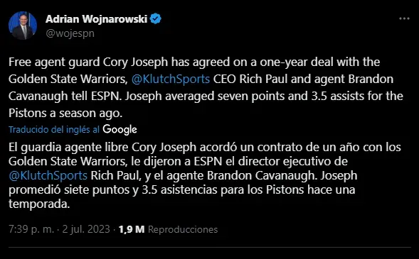 Cory Joseph, nuevo refuerzo de Warriors para Curry (Foto: Twitter / @wojespn)