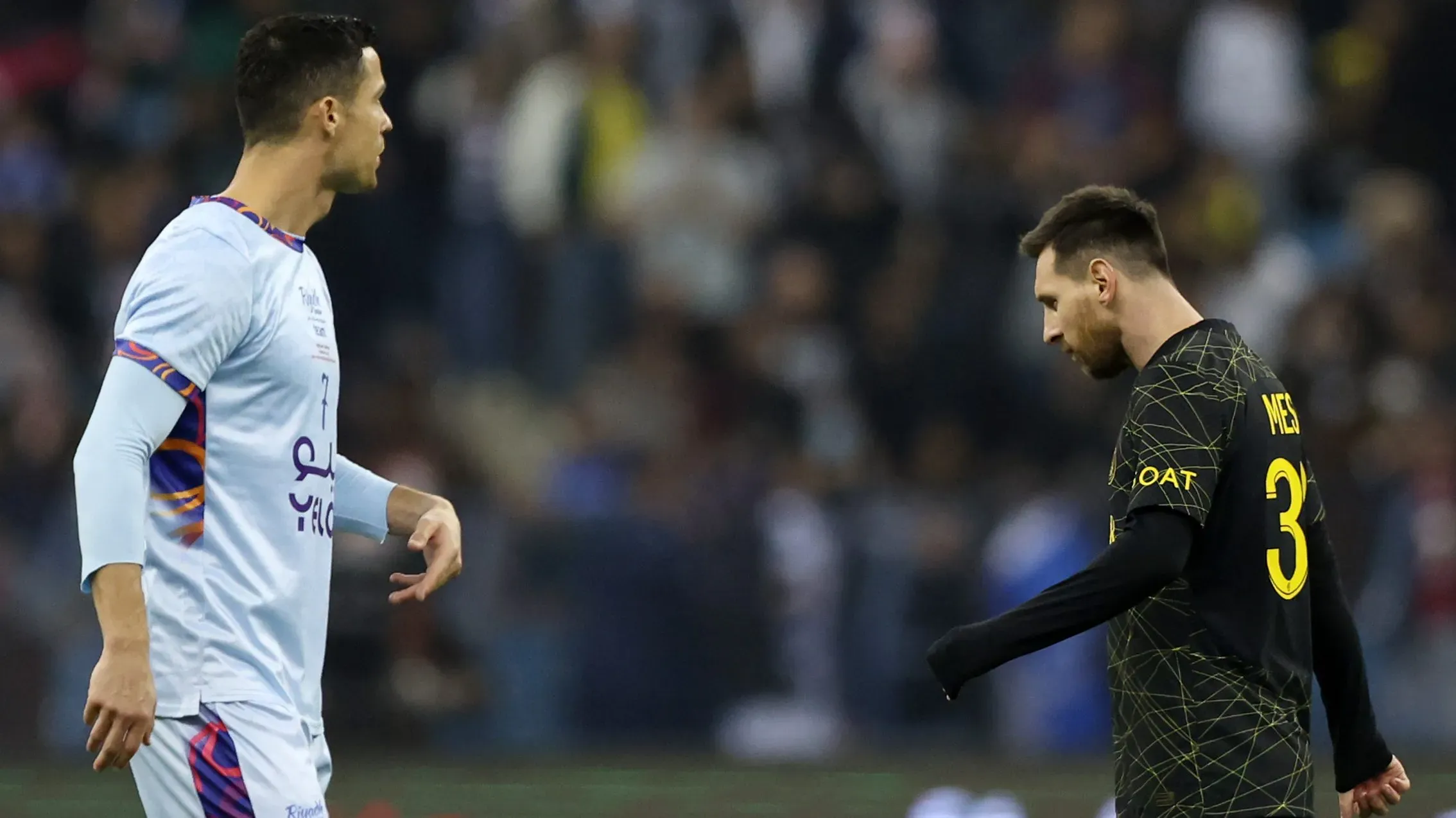 Cristiano Ronaldo y Lionel Messi en un partido amistoso en Medio Oriente. Getty Images.