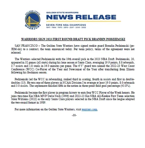 Warriors anunció firma de Brandin Podziemski (Foto: Twitter / @WarriorsPR)