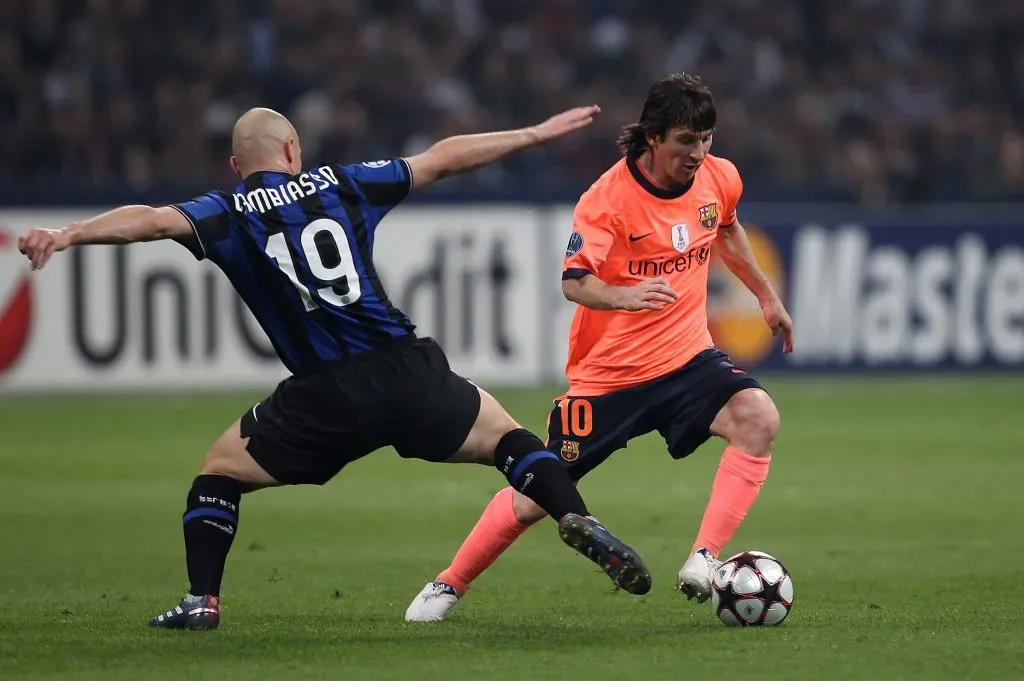 Lionel Messi en el Giuseppe Meazza enfrentando al Inter de Milán. Getty Images.